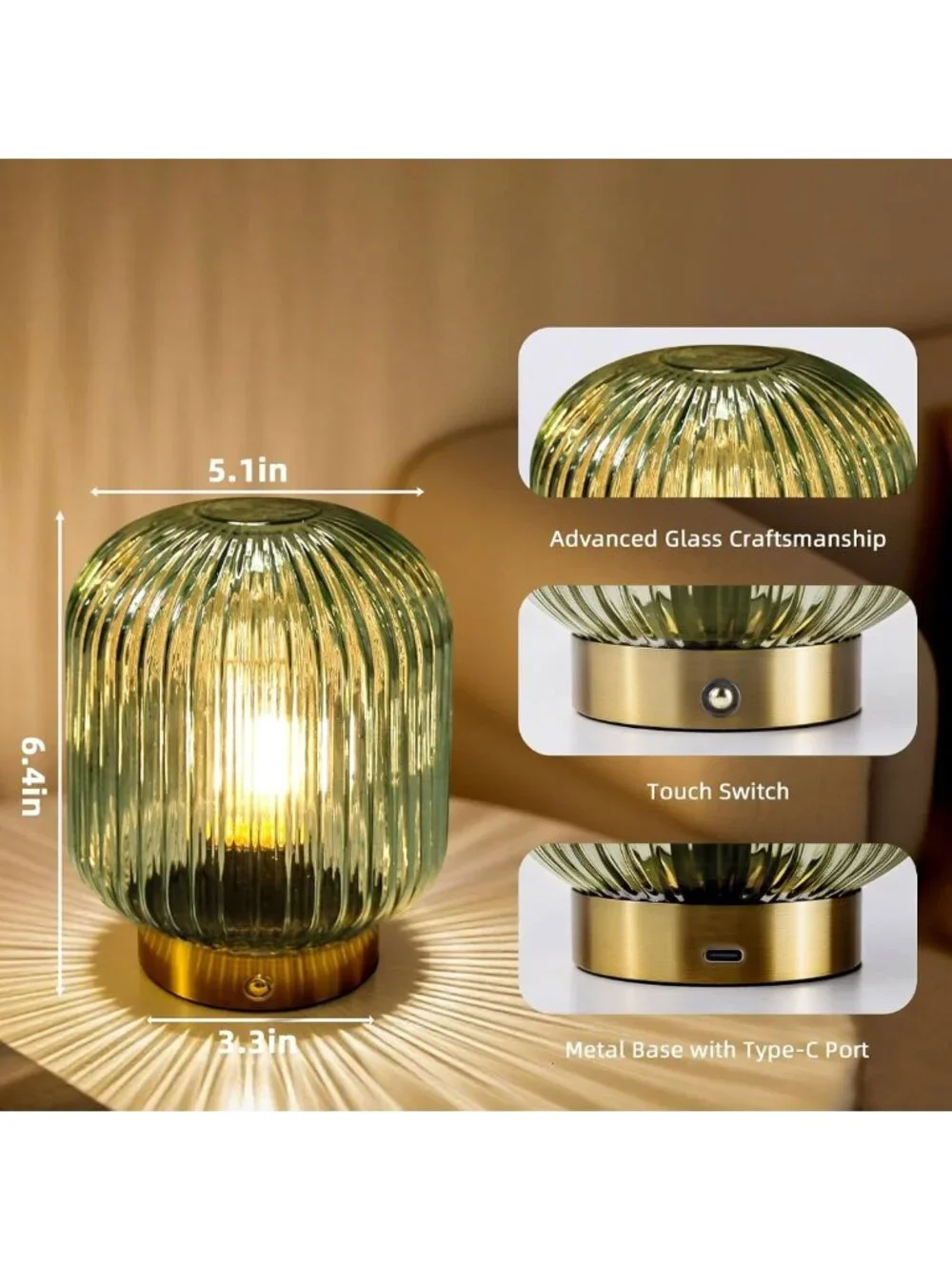 Rechargeable Green Glass Table Lamp with Dimmable Brightness & Memory Function